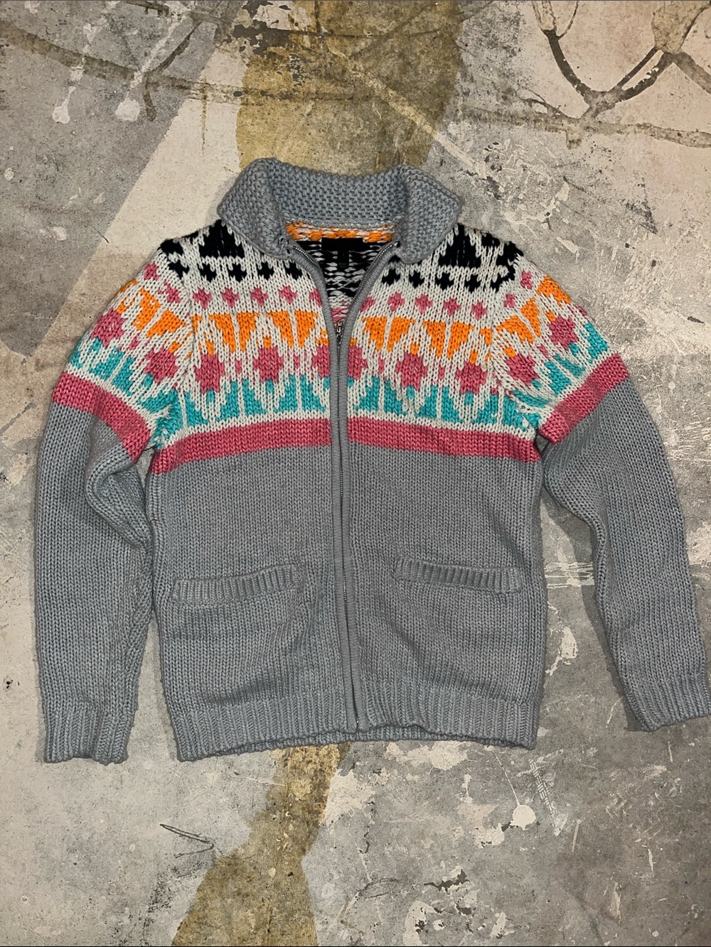 ASOS Gray Zip-Up Sweater with Colorful Fair Isle
